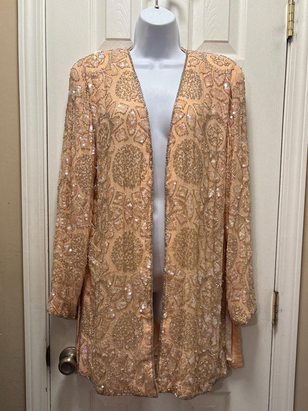 Oleg Cassini Sz 10 Peach Heavily Beaded Sequined Silk Jacket Open Evening Blazer